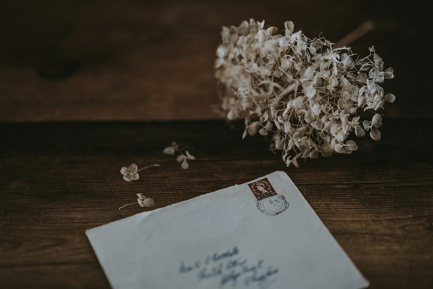 Unmailed letter on wooden surface beside dried flowers. Photo credit: Annie Spratt