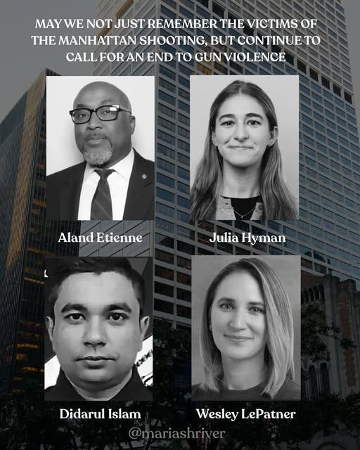 May be a graphic of 4 people and text that says 'MAYWE WE NOT JUST REMEMBER THE VICTIMS OF THE MANHATTAN SHOOTING, BUT CONTINUET TO CALL FOR AN END TO GUN GUNVIOLENCE Aland AlandEtienne Etienne Julia Hyman Didarul Islam Wesley WesleyLePatner LePatner @mariashriver'