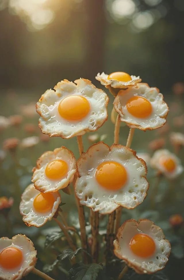 Sunflower plant with flowers made of sunny side up eggs