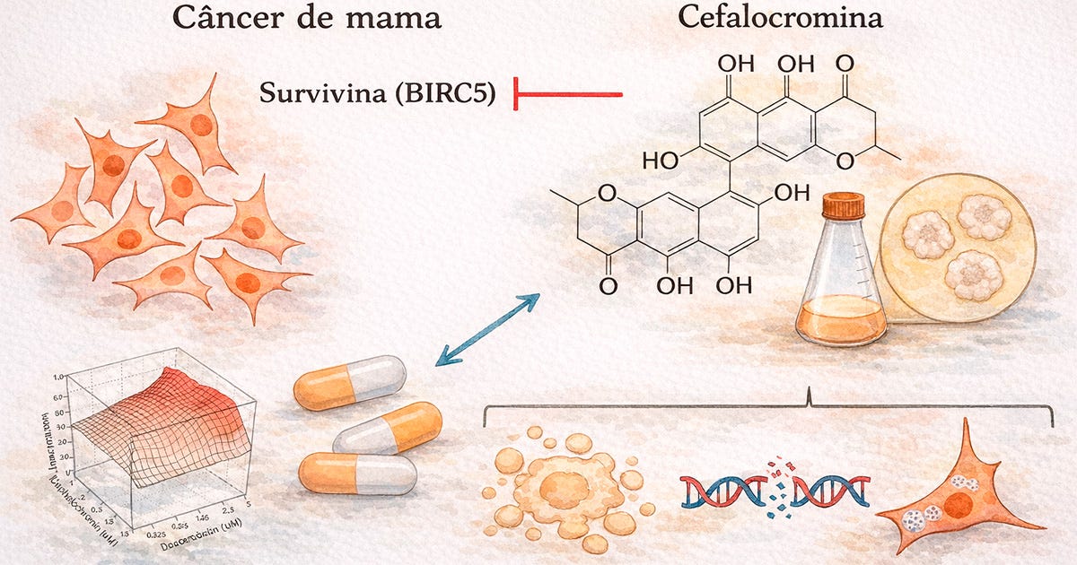esquema em tons de laranja com ilsutrações de células, pedaços de DNA e comprimidos mostra atuação da cefalocromina no câncer de mama esquema em tons de laranja com ilsutrações de células, pedaços de DNA e comprimidos mostra atuação da cefalocromina no câncer de mama