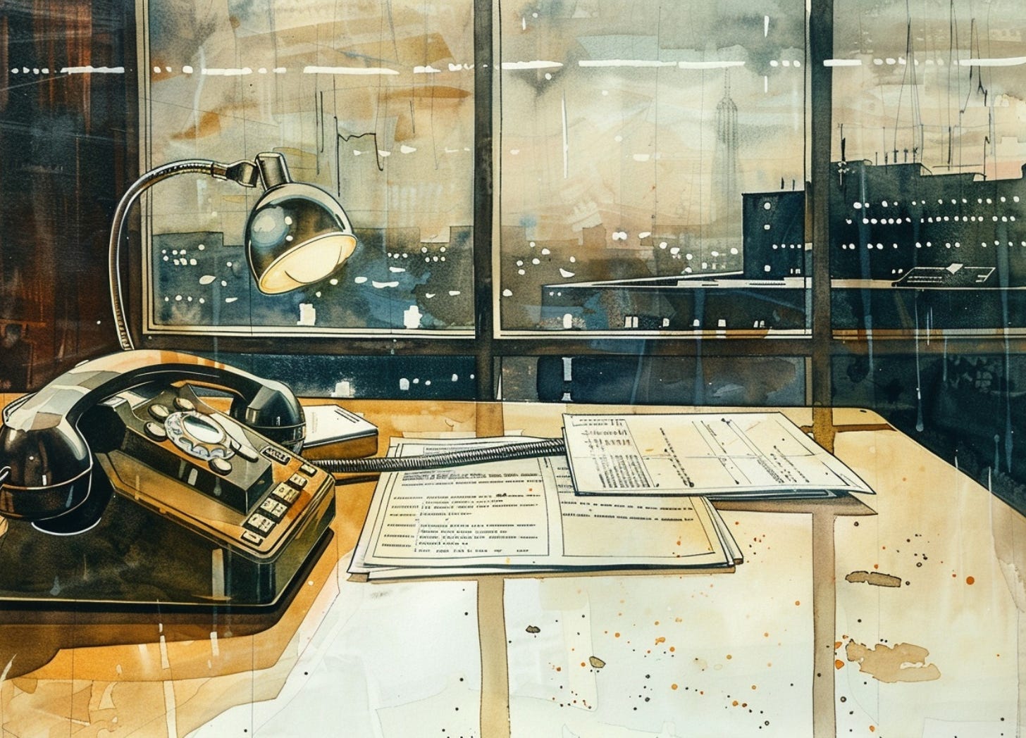 vintage watercolor illustration of an executive office desk with a phone left off the hook beside redacted contract documents, suggesting a private decision in progress