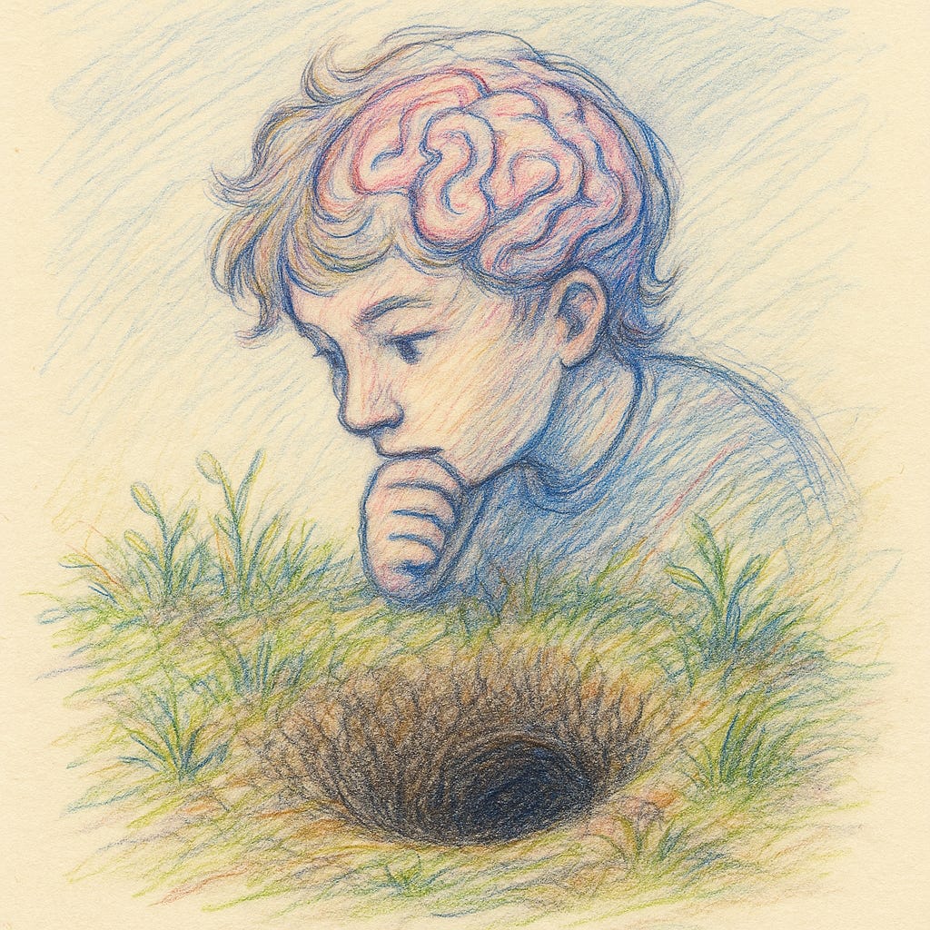 Colored pencil illustration of a thoughtful young person with tousled hair, crouched beside a rabbit hole in the grass. A vivid, brain-like pattern in soft pinks and purples is visible across their head, symbolizing neurodivergent thinking. The scene is gentle and introspective, drawn on textured paper with a dreamlike quality.