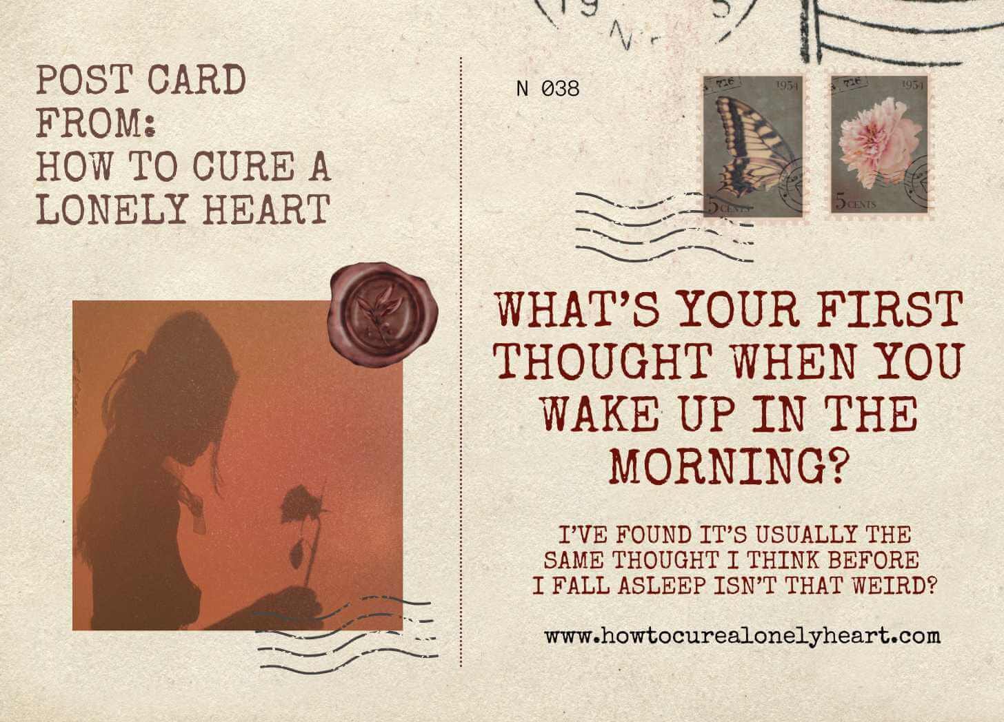 Vintage-style postcard featuring 'How to Cure a Lonely Heart' brand with silhouette illustration and motivational morning thoughts quote