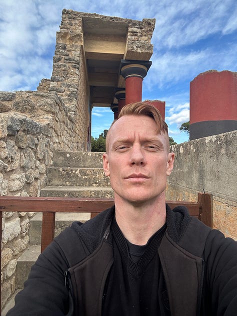 The ruins of the palace at Knossos, ruins of buildings no Crete, some with the author, some without.