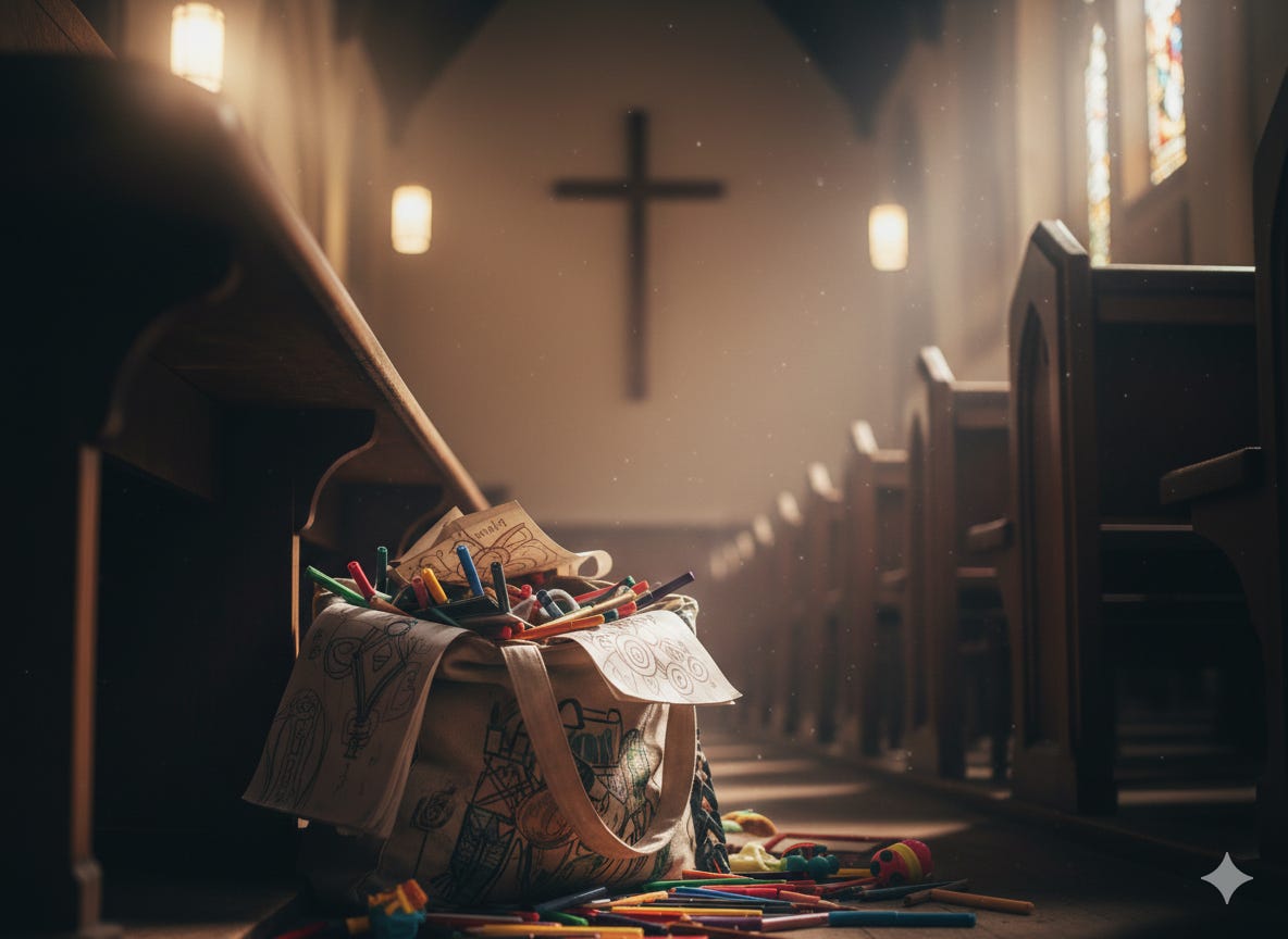 A canvas tote bag overflowing with colored markers, pencils, and sketchbooks sitting on the floor of a modern church sanctuary next to a wooden pew. A canvas tote bag overflowing with colored markers, pencils, and sketchbooks sitting on the floor of a modern church sanctuary next to a wooden pew.