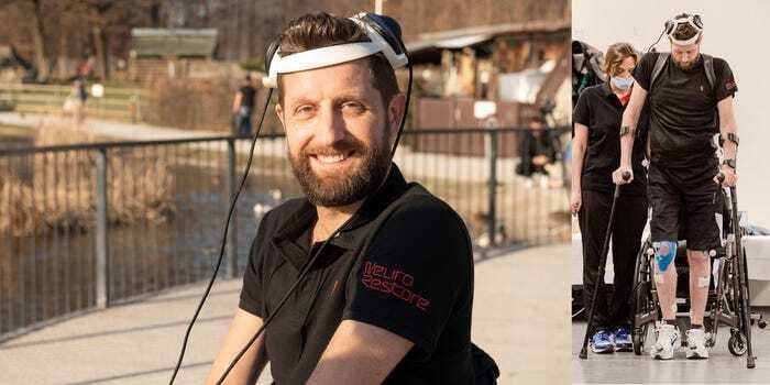Gert Jan sitting, with his antenna cap on that communicates with his brain impants. Left: Gert Jan training to walk Gert Jan sitting, with his antenna cap on that communicates with his brain impants. Left: Gert Jan training to walk
