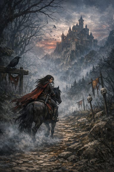 Ezmerelda riding down an old Vistani trail toward Ravenloft