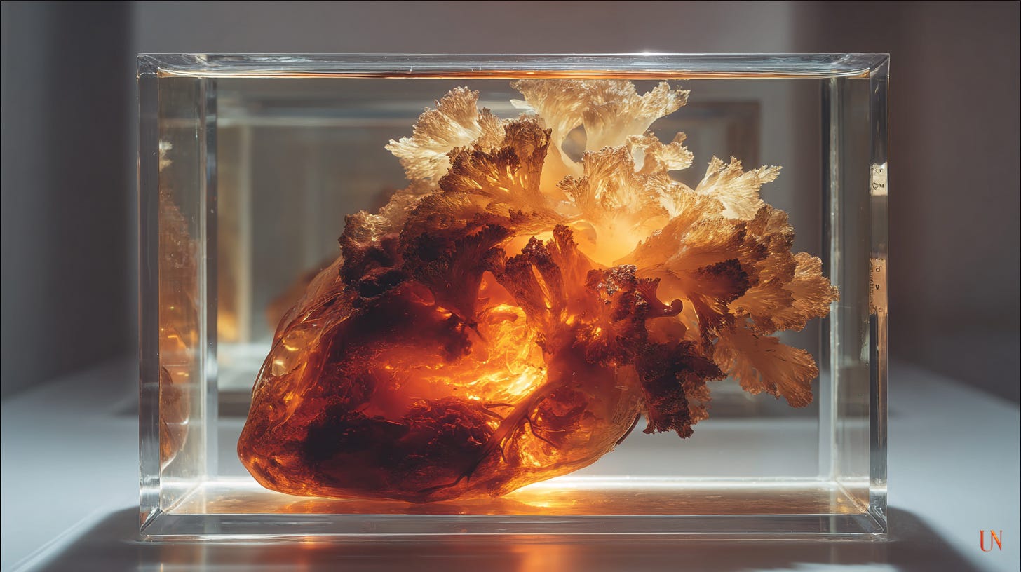 A suspended anatomical heart encased in translucent resin, glowing from within as branching, coral-like structures bloom outward. The heart appears both preserved and erupting, lit as though the glass can barely contain it.