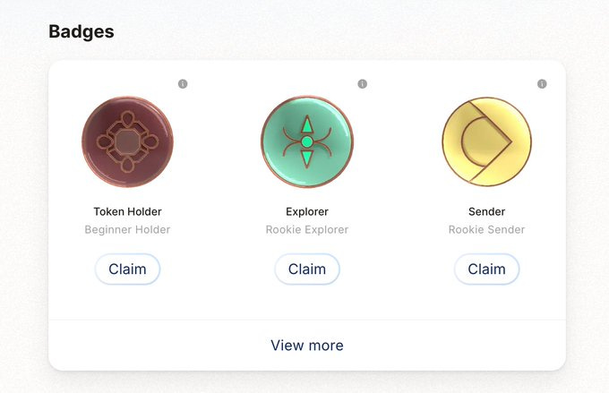 Three circular badges on a light background. The left badge is brown with a circular design, labeled "Token Holder Beginner." The middle badge is green with a spider-like design, labeled "Rookie Explorer." The right badge is yellow with a curved design, labeled "Rookie Sender." Each badge has a "Claim" button below it, and the word "Badges" appears at the top left. Three circular badges on a light background. The left badge is brown with a circular design, labeled "Token Holder Beginner." The middle badge is green with a spider-like design, labeled "Rookie Explorer." The right badge is yellow with a curved design, labeled "Rookie Sender." Each badge has a "Claim" button below it, and the word "Badges" appears at the top left.