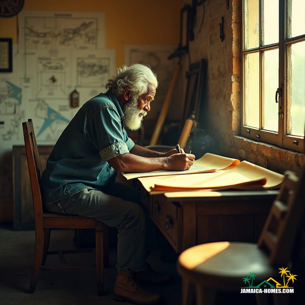 Elderly Jamaican man with wispy grey hair and worn, weathered skin, adorned in a faded denim shirt, worn jeans, and scuffed work boots, surrounded by vintage drafting tools and yellowed blueprints, intensely focused on his work as the warm, golden Caribbean sunlight pours in through the window, casting a nostalgic glow on the rustic, wooden desk. Elderly Jamaican man with wispy grey hair and worn, weathered skin, adorned in a faded denim shirt, worn jeans, and scuffed work boots, surrounded by vintage drafting tools and yellowed blueprints, intensely focused on his work as the warm, golden Caribbean sunlight pours in through the window, casting a nostalgic glow on the rustic, wooden desk.