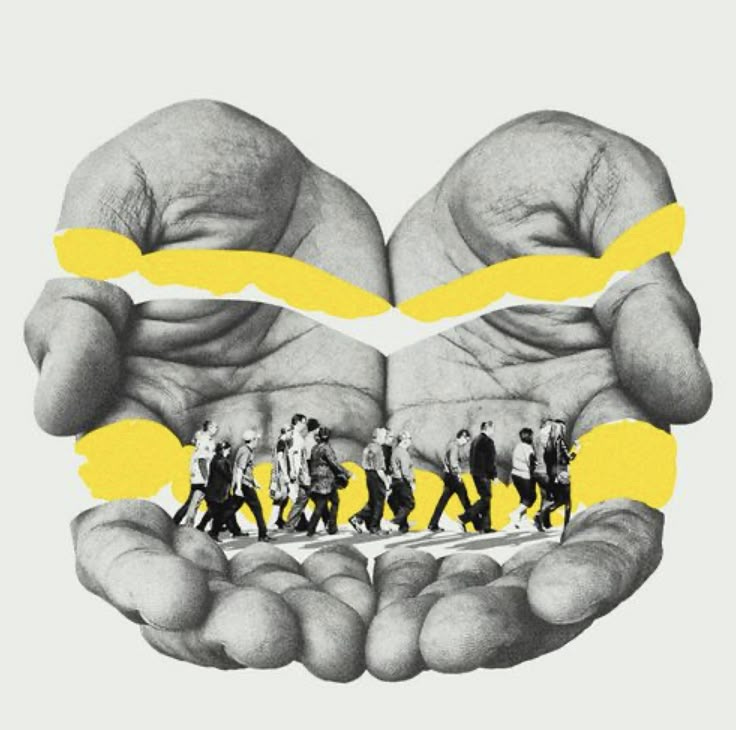 This may contain: two hands with people walking across them and yellow lines on the palm, as if they were holding something