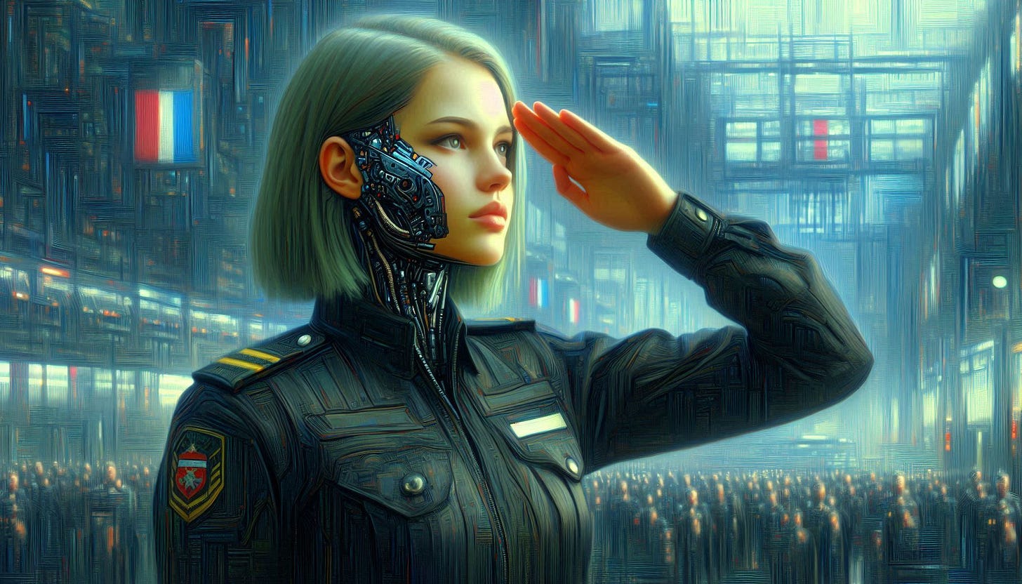 A proud Nordic young female cyborg wearing a black militaristic uniform and saluting sharply. Slight impressionist style.