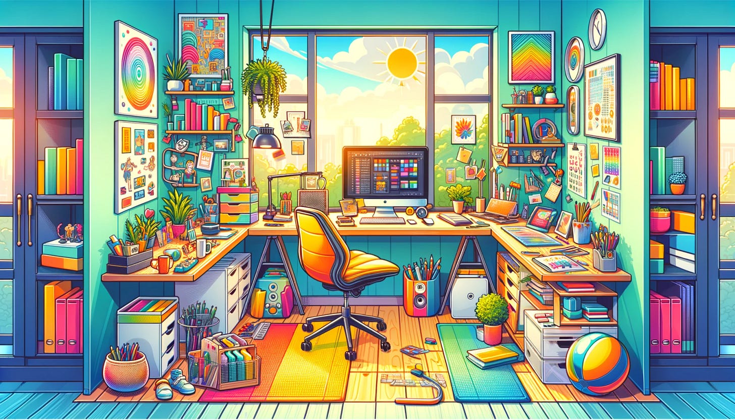 Create an illustration for an article targeted at ADHD entrepreneurs working remotely. The image should depict a vibrant and engaging home office space, designed specifically for individuals with ADHD. The office includes a comfortable, ergonomic chair and a spacious desk filled with creative tools and gadgets. There's a large window with a view of nature to provide a calming backdrop. The desk features a high-speed internet router, and various zones are demarcated for different activities such as brainstorming, relaxing, and focused work. Include elements that represent flexibility and movement, such as a standing desk option and an exercise ball. The atmosphere is bright, colorful, and inspiring, aimed at boosting productivity and creativity for ADHD entrepreneurs. The image should be rectangular to fit a Substack publication format.