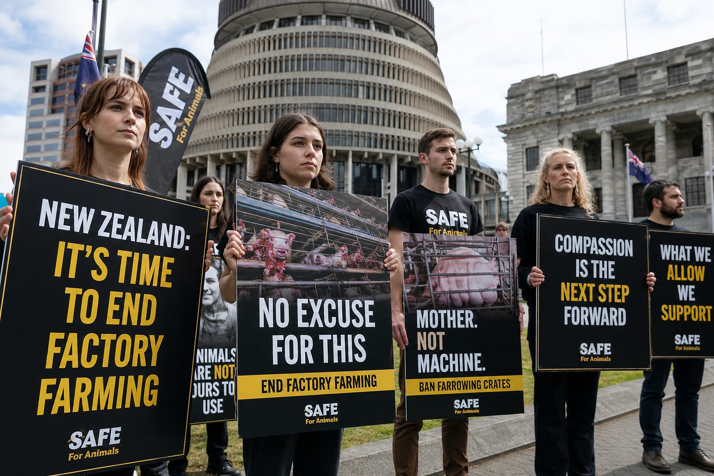 Animal-rights activists stand outside New Zealand’s Parliament holding black-and-yellow signs calling for an end to factory farming, farrowing crates, and intensive animal confinement.