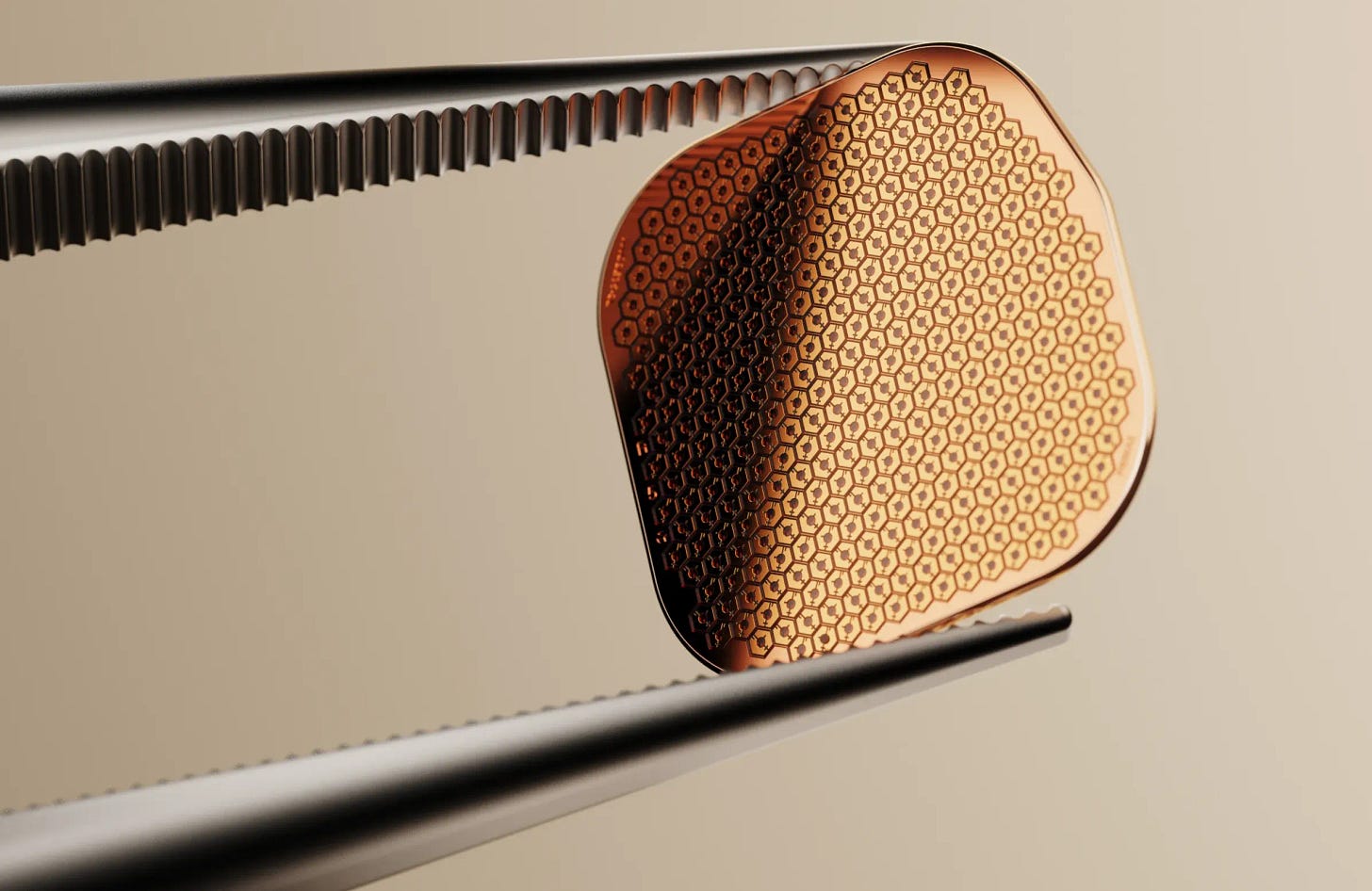 The PRIMA retinal implant shown gripped by tweezers and the PRIMA Glasses oriented to show the projector facing the wearer’s eyes. The PRIMA retinal implant shown gripped by tweezers and the PRIMA Glasses oriented to show the projector facing the wearer’s eyes.