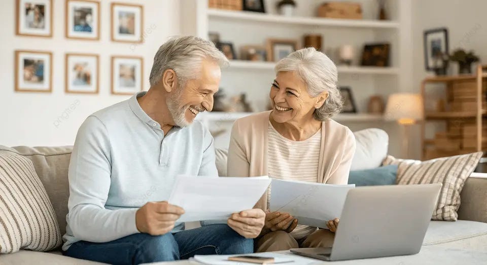 Happy Retired Couple Reviewing Finances Together At Home Background ... Happy Retired Couple Reviewing Finances Together At Home Background ...