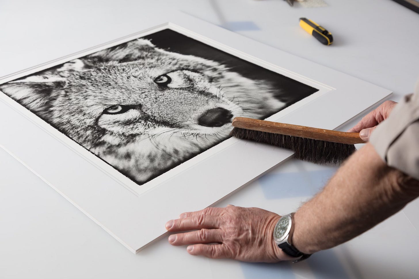 dusting off a matted print with drafting brush