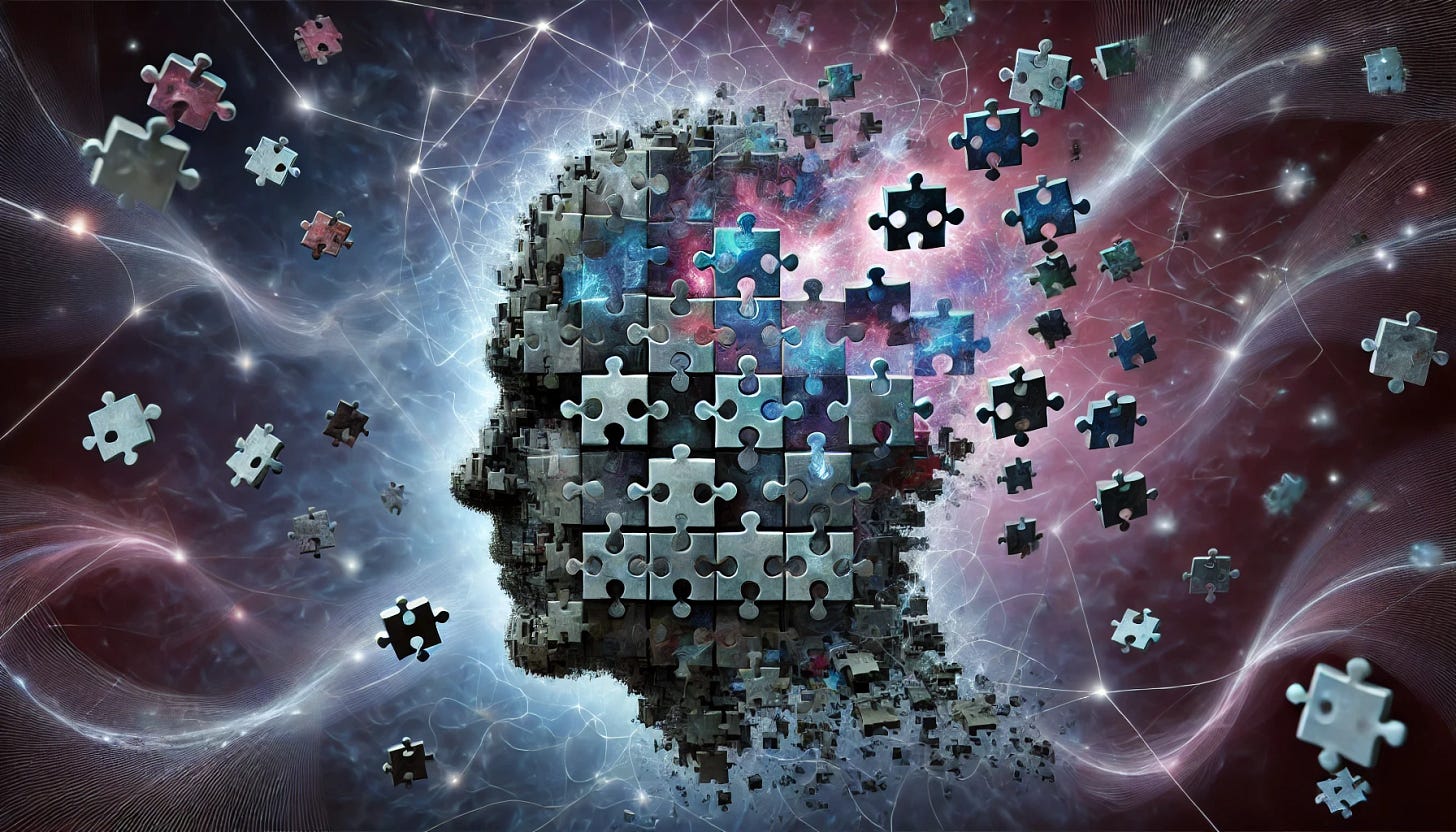 An abstract visualization of a discontinuous mind designed in a YouTube thumbnail aspect ratio. The image should depict a fragmented human head composed of floating, disconnected puzzle pieces, each representing thoughts, memories, and emotions. The gaps between the pieces should be filled with glowing lines or electric sparks, symbolizing chaotic and incomplete connections. The color palette should include shades of blue, purple, and gray, evoking a sense of confusion and mental disarray. The background should be dark with faint, swirling patterns to enhance the feeling of mental turbulence. The composition should be balanced to fit the 16:9 aspect ratio for a YouTube thumbnail. An abstract visualization of a discontinuous mind designed in a YouTube thumbnail aspect ratio. The image should depict a fragmented human head composed of floating, disconnected puzzle pieces, each representing thoughts, memories, and emotions. The gaps between the pieces should be filled with glowing lines or electric sparks, symbolizing chaotic and incomplete connections. The color palette should include shades of blue, purple, and gray, evoking a sense of confusion and mental disarray. The background should be dark with faint, swirling patterns to enhance the feeling of mental turbulence. The composition should be balanced to fit the 16:9 aspect ratio for a YouTube thumbnail.