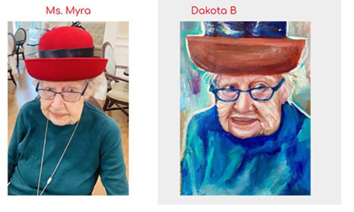 photograph of nursing home residnet Ms. Myra and an image of her painted portrait by Dakota B