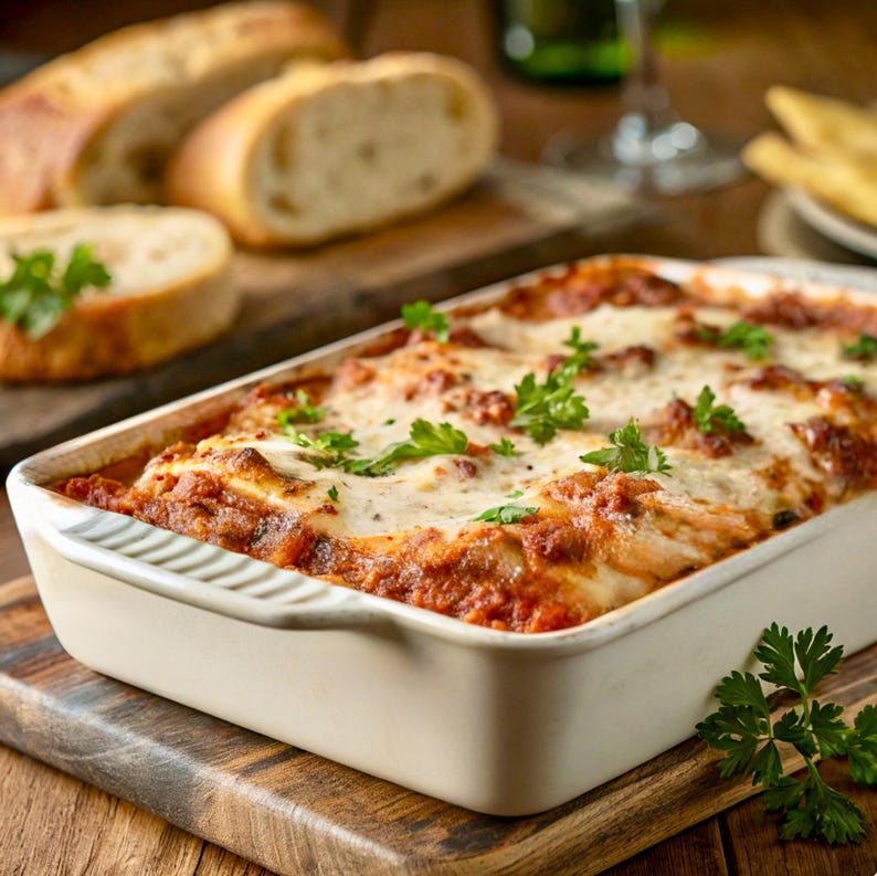 May include: A rectangular white baking dish filled with a cheesy lasagna. The lasagna is topped with melted cheese and fresh parsley. The dish sits on a wooden cutting board.  There are slices of crusty bread in the background, suggesting a rustic Italian meal. The warm, inviting colors and textures of the food are clearly visible.