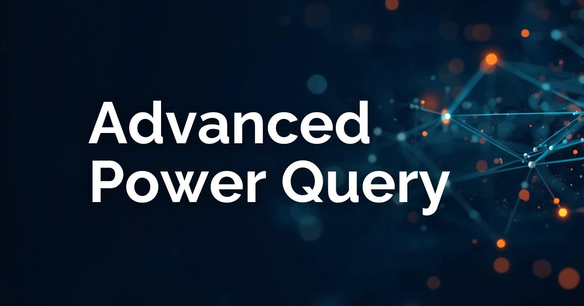 Advanced Power Query tutorial banner showing data network visualization for Microsoft Excel and Power BI