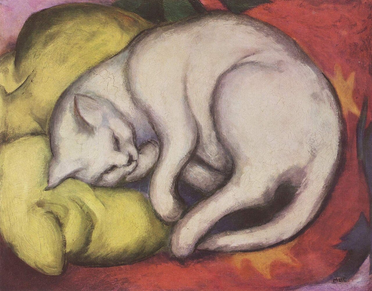 Rounded cats in red, yellow and blue curl and stretch across an abstract patterned ground Rounded cats in red, yellow and blue curl and stretch across an abstract patterned ground
