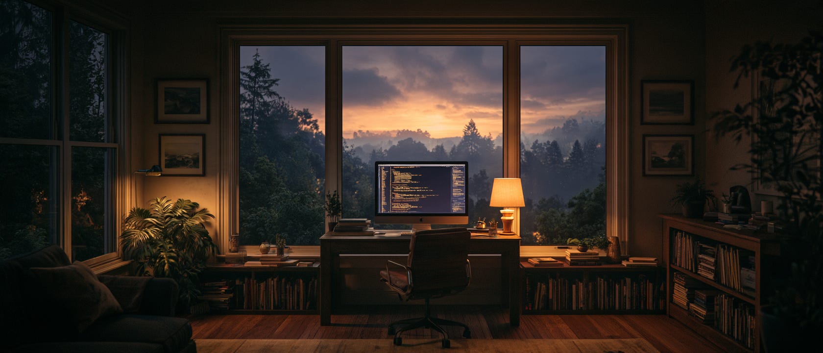 A single monitor glowing in a dim room at night, screen showing dense blocks of unreadable code