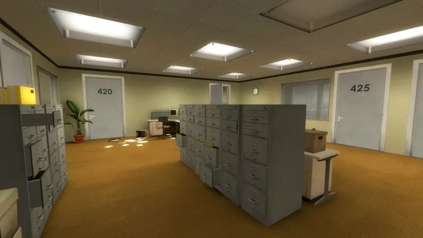 An office room with mustard yellow carpet, pale yellow walls, and overhead lighting. Numbered grey doors line the walls. Filing cabinets fill the room and some loos papers lie on the floor.