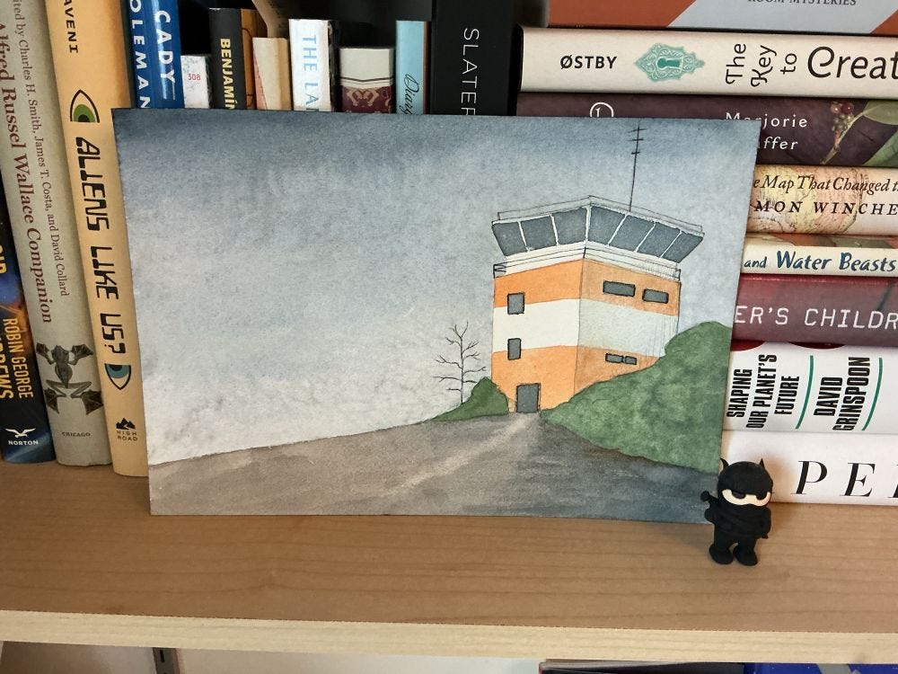 A watercolour painting of an orange and white air traffic control tower.
