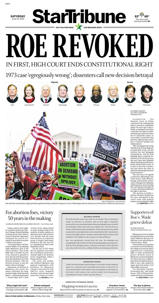 Newspaper front pages: the end of Roe v. Wade – Covers in a dangerous time