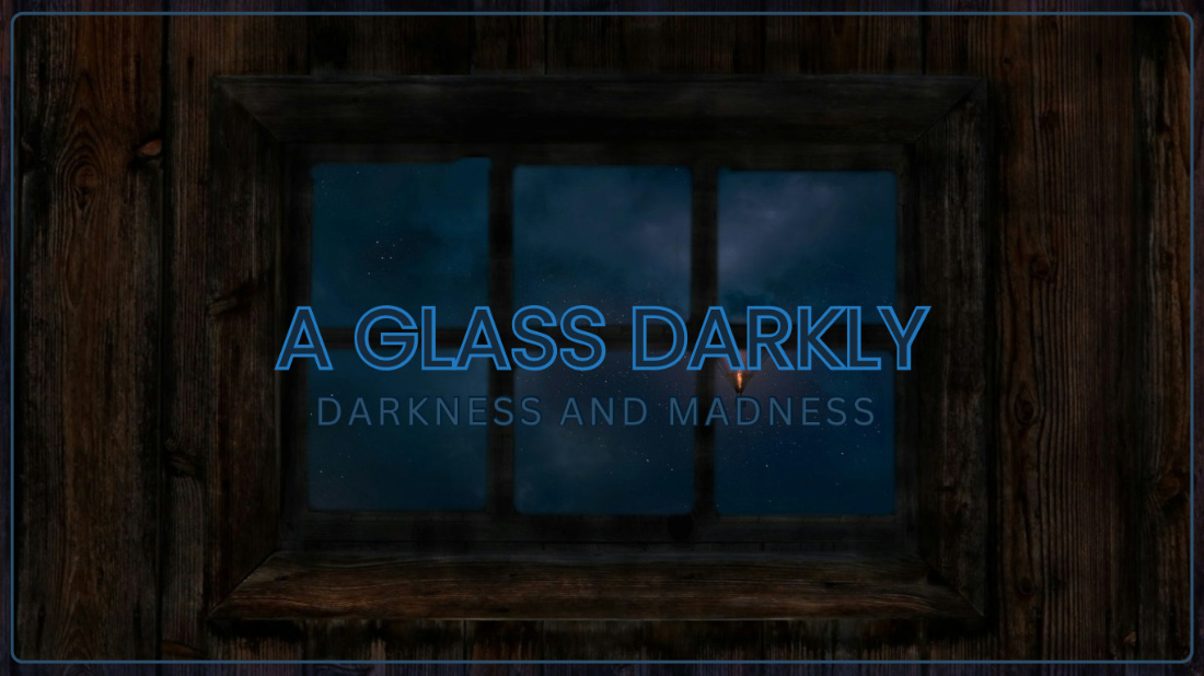 A dark room with a window showing a dark sky A dark room with a window showing a dark sky