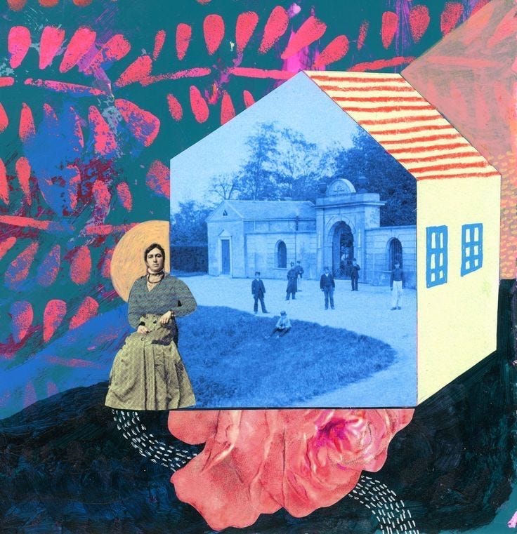 This may contain: an altered collage of a woman in front of a house with people walking by