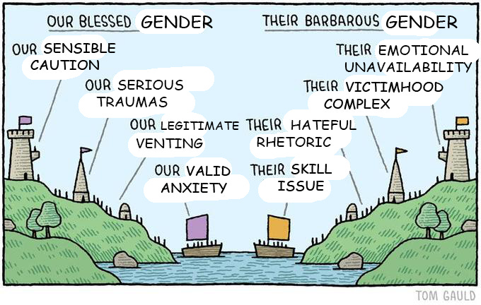 substack hates alt text DM me if u want the specifics but it's OUR BLESSED vs THEIR BARBAROUS meme but with gender v gender