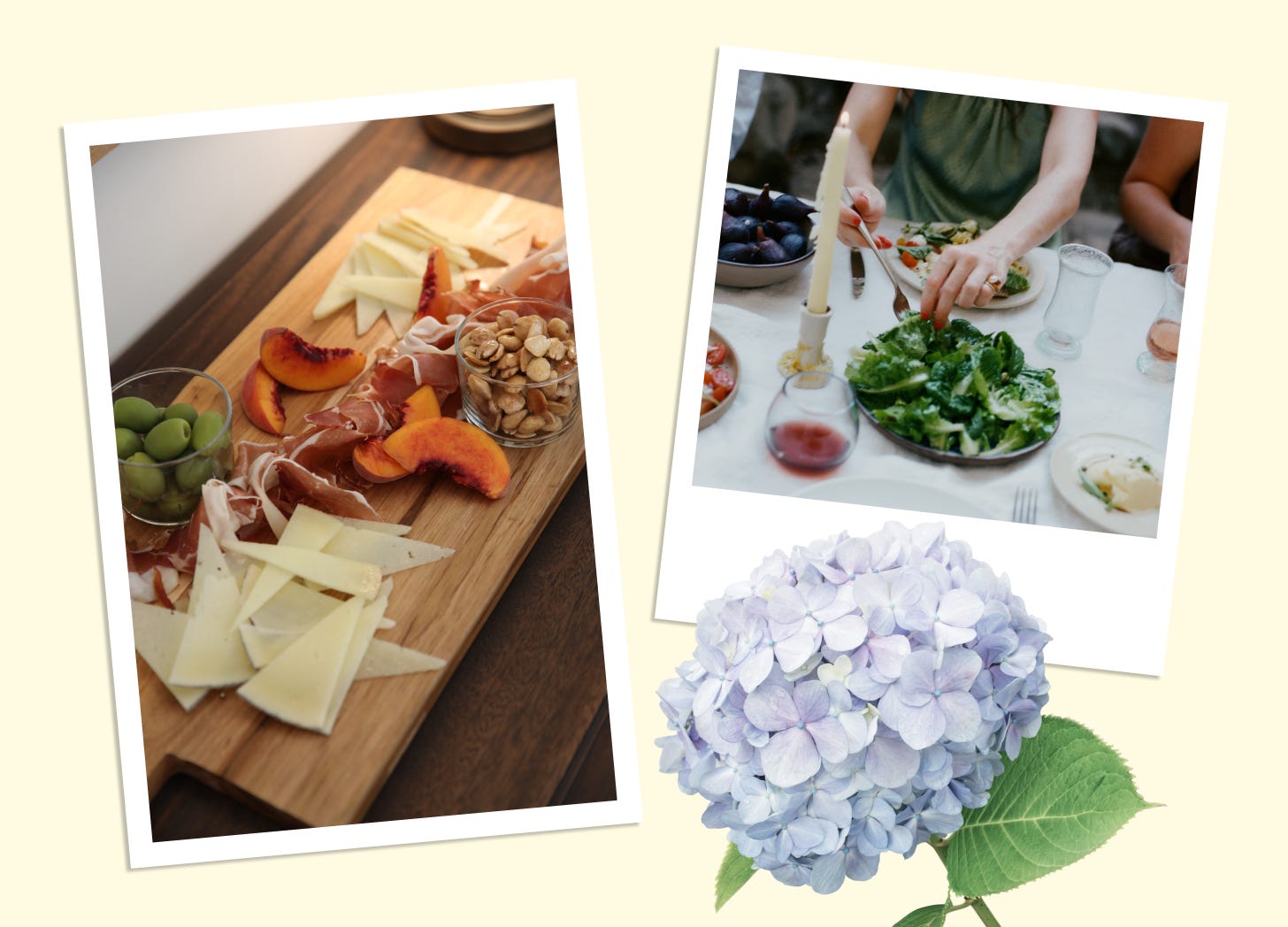 A collage style image showing a charcuterie board, a leafy green salad being plated, and soft blue flowers A collage style image showing a charcuterie board, a leafy green salad being plated, and soft blue flowers
