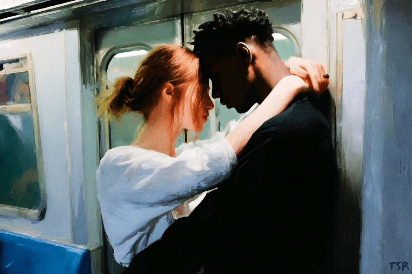 A young couple on a train; the woman’s arms wound around the man’s neck, foreheads touching, his hands on her waist. An intimate moment inspired by Wuthering Heights and the volatility of young love.