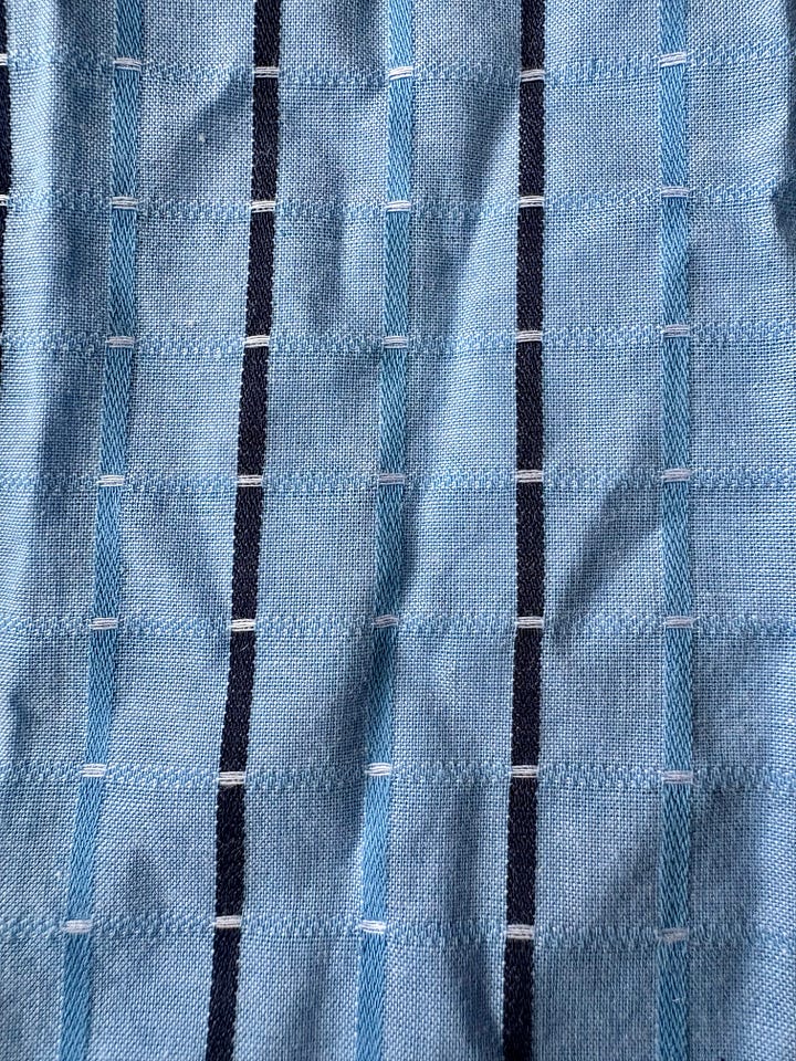 Four photos, two of the projects made by the author and two close-up fabric swatches.
