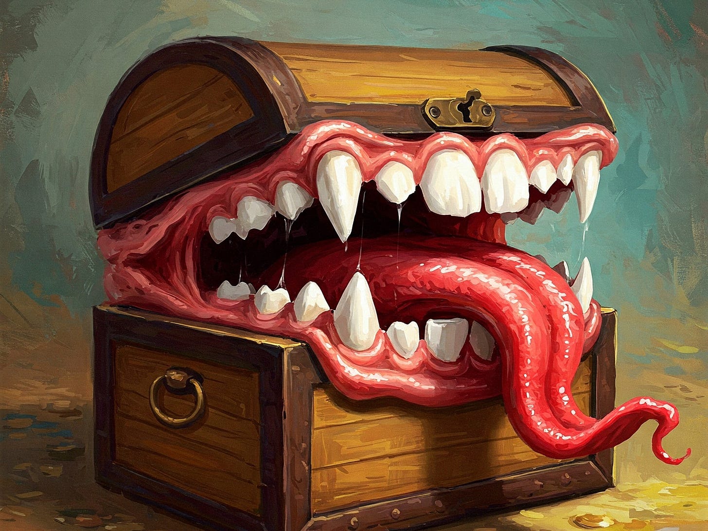 A treasure chest with teeth and a tongue. Generated with Google Gemini.