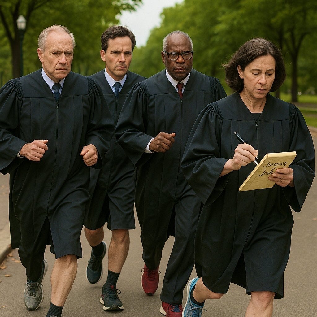 Sepia illustration of a judge in robes and running shoes sprinting through marble halls with papers marked VOTE, symbolizing justice chasing its own shadow.