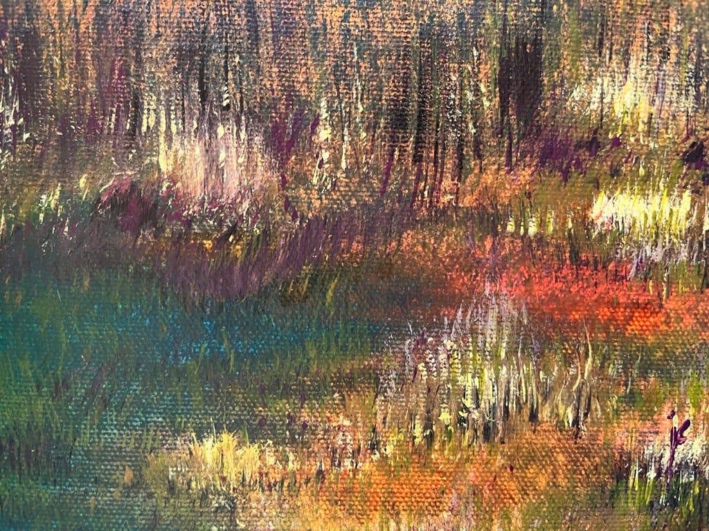 An abstract field in teal with orange and yellow lines representing grass. Trees represented by black lines and purple shadows with creams and lavender bringing light. An abstract field in teal with orange and yellow lines representing grass. Trees represented by black lines and purple shadows with creams and lavender bringing light.