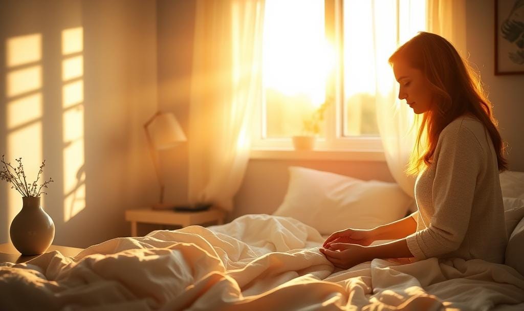 A peaceful morning scene of someone meditating in bed, golden morning light streaming through a window, emphasizing small acts of self-respect and grace