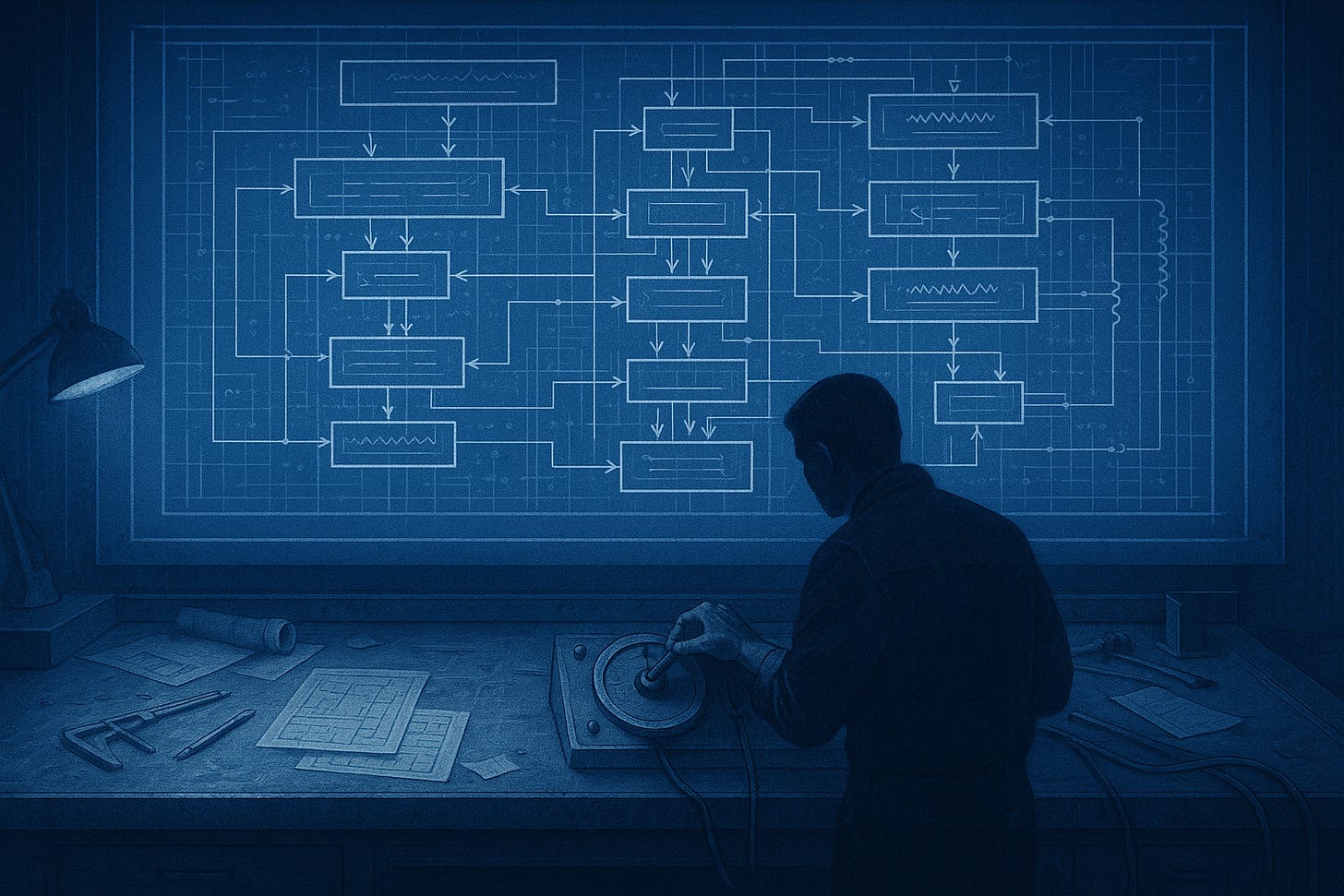 An engineer calibrates a control dial at a workshop bench beneath a large blueprint-style diagram of an AI system.
