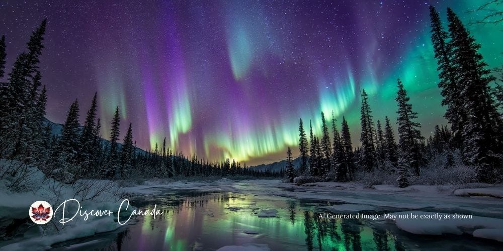 Aurora Borealis over a frozen lake in Canada with green and purple ribbons. Aurora Borealis over a frozen lake in Canada with green and purple ribbons.