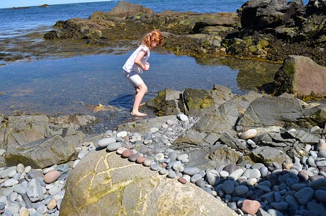 Lighthouse in Maine with rocky beaches and children playing.