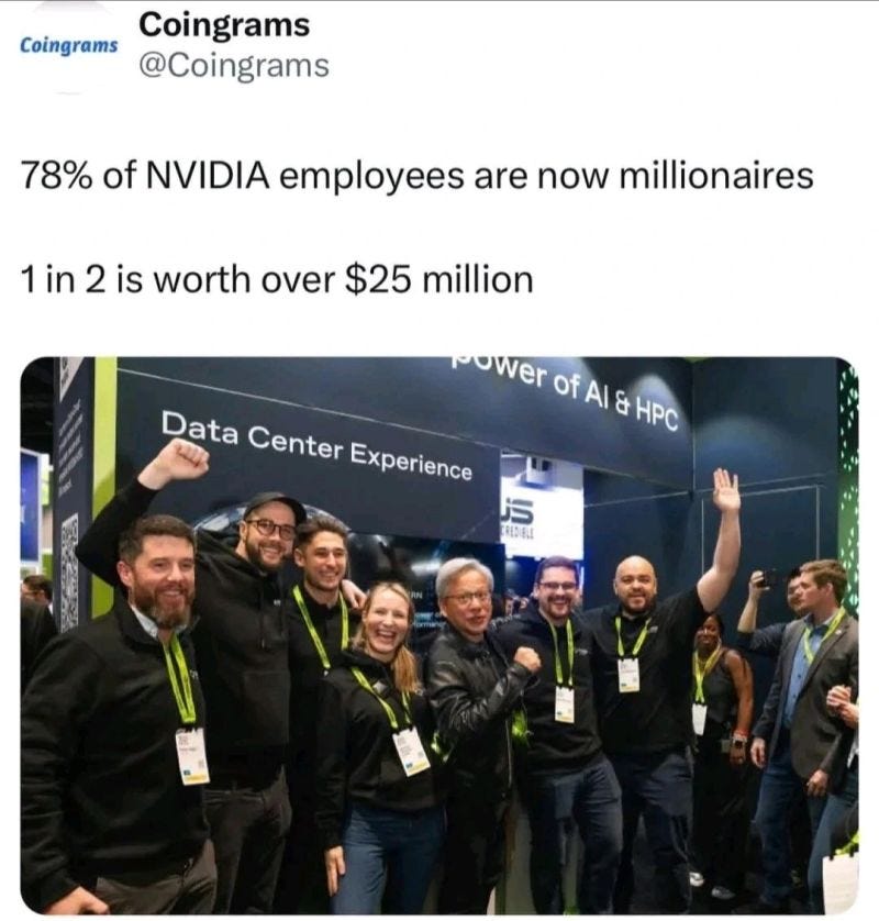 Group of NVIDIA employees celebrating at a tech event, illustrating company success and wealth creation through stock appreciation.