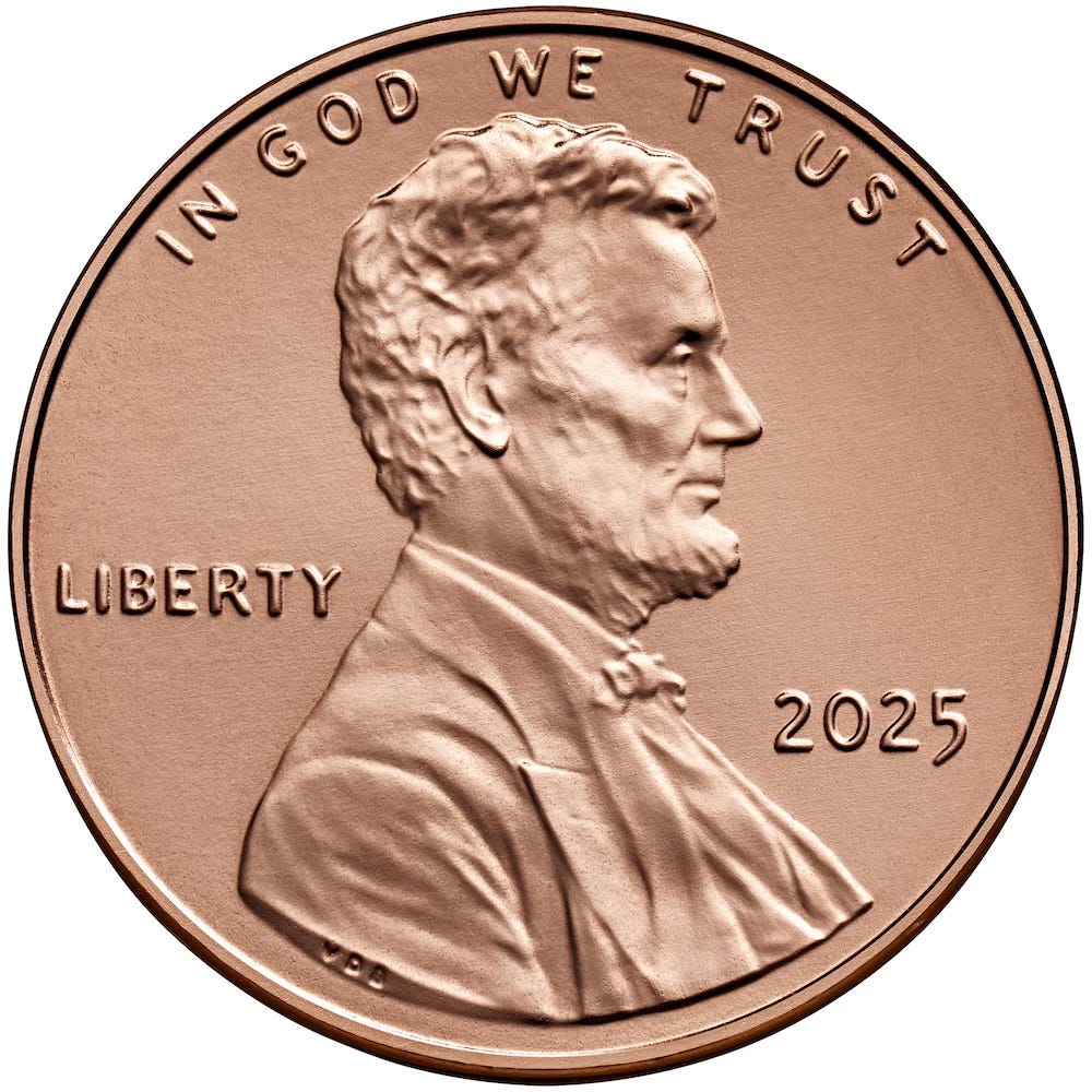 U.S. penny, minted in 2025.