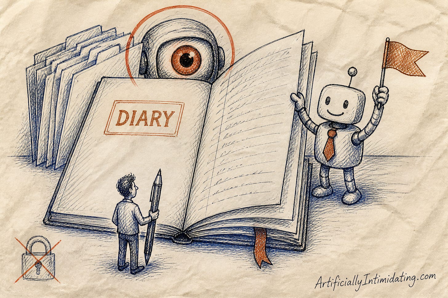 A giant open diary stamped DIARY on a desk with a tiny human holding an oversized pen at its edge, a big rust-orange robot eye circled in red peeking over the top of the page, and a small cheerful robot reviewer in an orange tie waving a red flag.