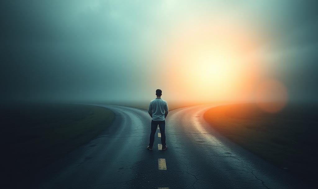 Illustration of a person at a crossroads, choosing between an unclear path and a brighter future, representing the power of rewriting the stories that shape us. Illustration of a person at a crossroads, choosing between an unclear path and a brighter future, representing the power of rewriting the stories that shape us.
