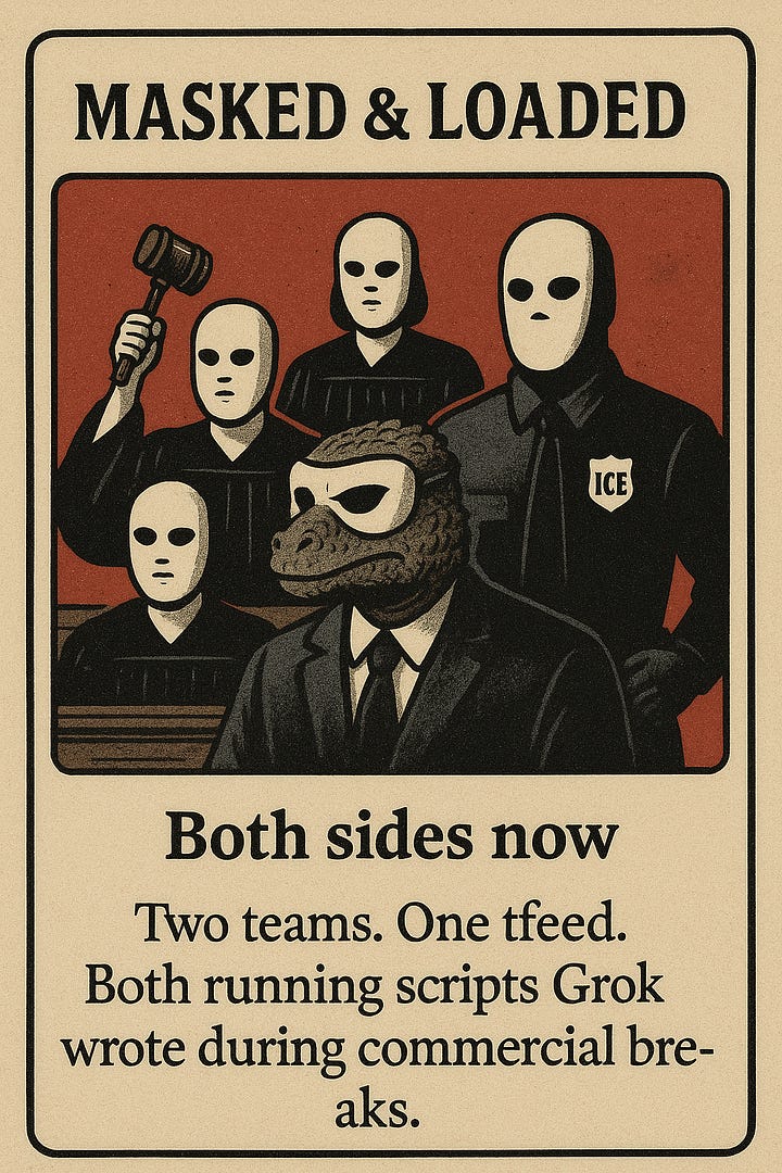1. Grok coin with white mask face and the words “Faster Broker Token.” 2. Cartoon alligator in a red Grok hat taking a selfie with a phone. 3. Tesla coin with masked face driving a DeLorean/SpaceX-style car. 4. Masked figures labeled “Both sides now — Two teams. One fixed.”
