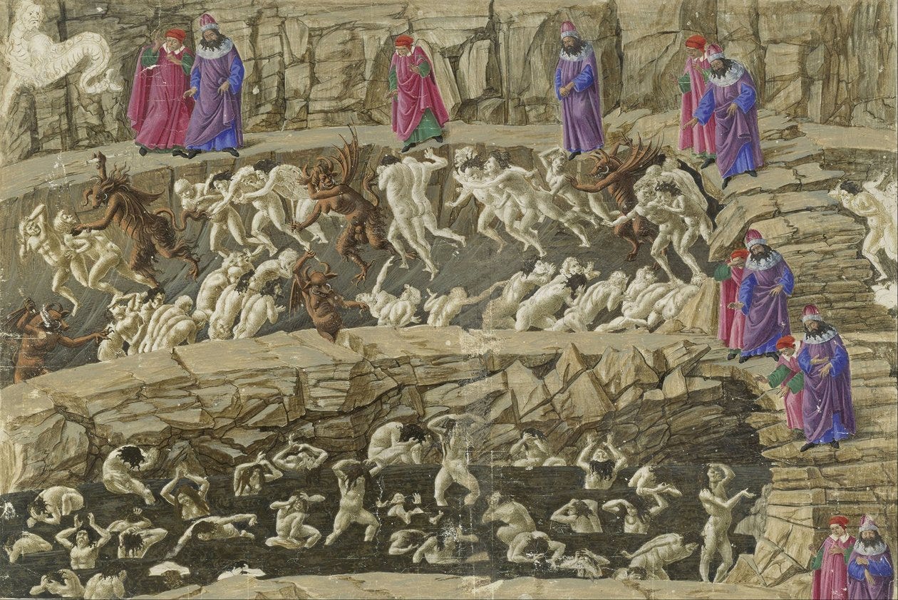 Canto XVIII, Teil des 8. Kreises der Hölle, Illustration aus Dantes "Inferno",  ca. 1485