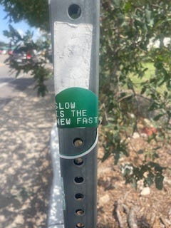 A sign post that has a green sticker on it that reads "SLOW IS THE NEW FAST" with tree leaves in the background.